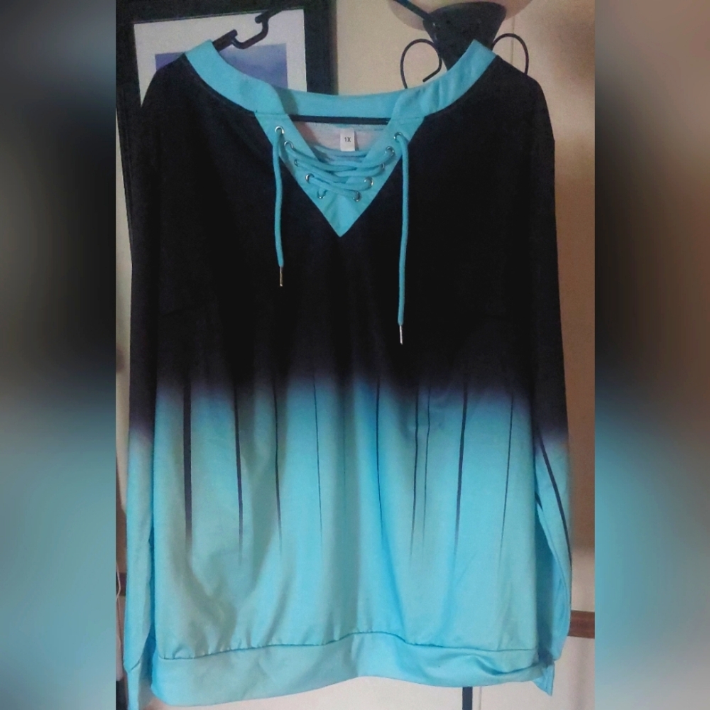 Rotita Size 1X Lace Up Ombre Print Long Sleeve Shirt
